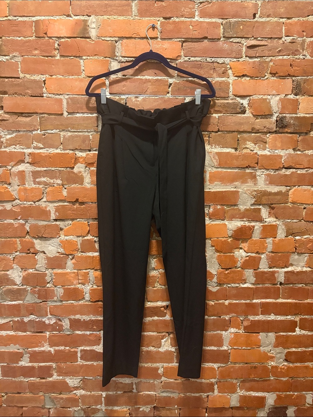 High-Waist Black Paperbag Trousers with Tie Belt